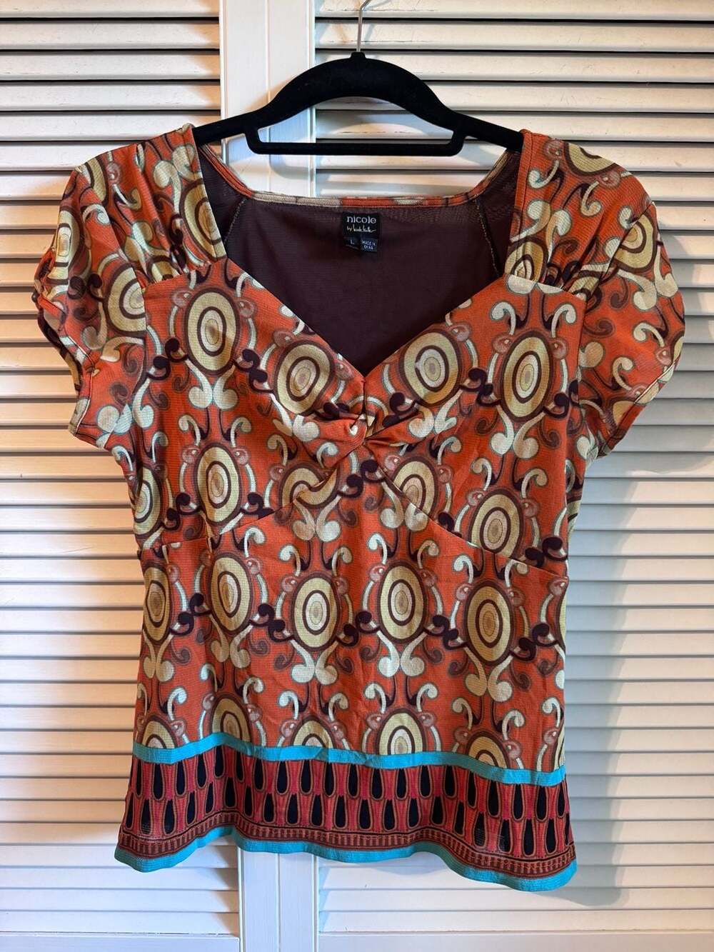 Nicole by Nicole Miller Y2K Mesh Retro Abstract Print Short Sleeve Top